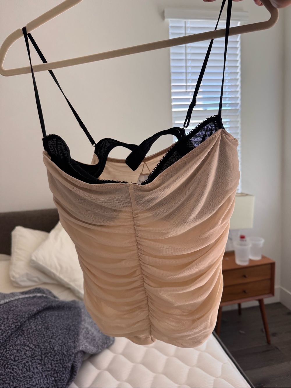 White Fox Boutique Beige Ruched Camisole Tank with Black Lace Trim